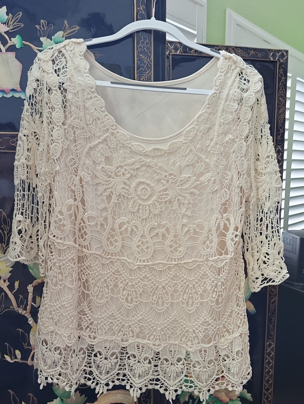 Roz & Ali Cream Crochet Lace Tunic Top